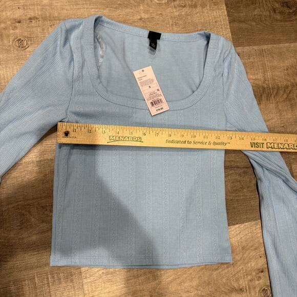 Wild Fable Women Small Trendy Square Neck Blue Long Sleeve Pointelle Shirt New - Picture 7 of 8
